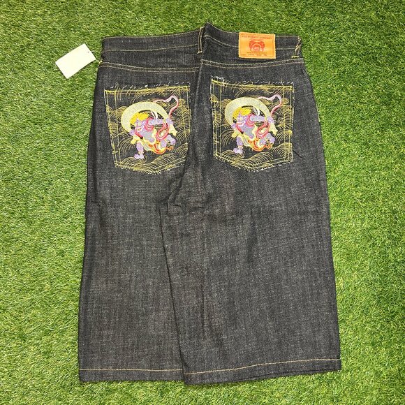 RMC Jorts – Dragon Embroidery Size 36-38 Deadstock Y2K Japanese Denim - Picture 1 of 4